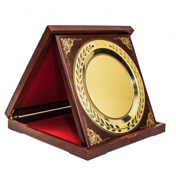 AWARD PLATE IN WOOD BOX/FOLDING BRONZE 25X25X4CM